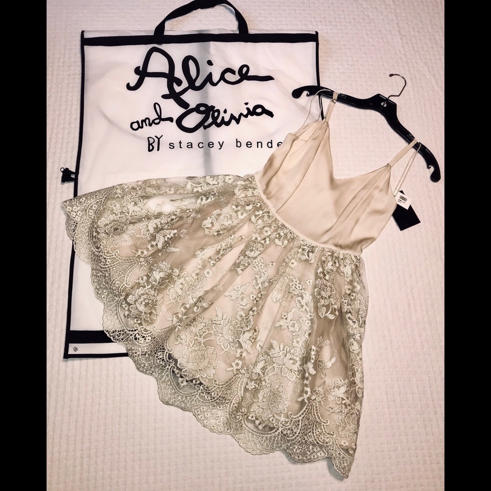 Alice + Olivia Beige Lace Fit-and-Flare Dress